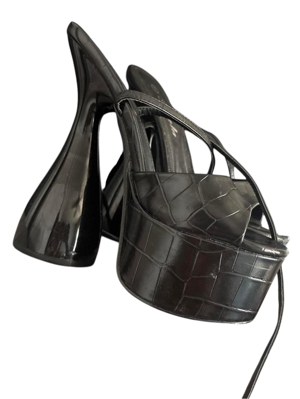 SHEIN Black Croc-Embossed Platform Flare-Heel Sandals